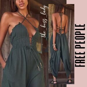 Free People Dark Green Halter Jumpsuit